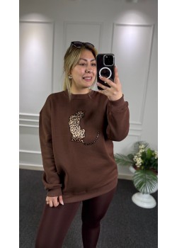 Leopar Detay Kahve Şardonlu Sweat