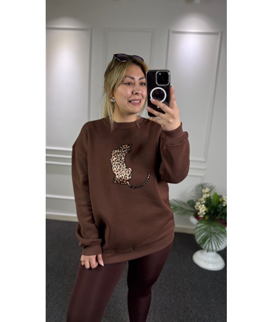 Leopar Detay Kahve Şardonlu Sweat Leopar Detay Kahve Şardonlu Sweat