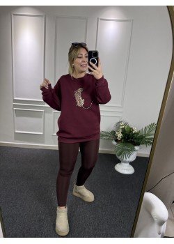 Leopar Detay Bordo Şardonlu Sweat