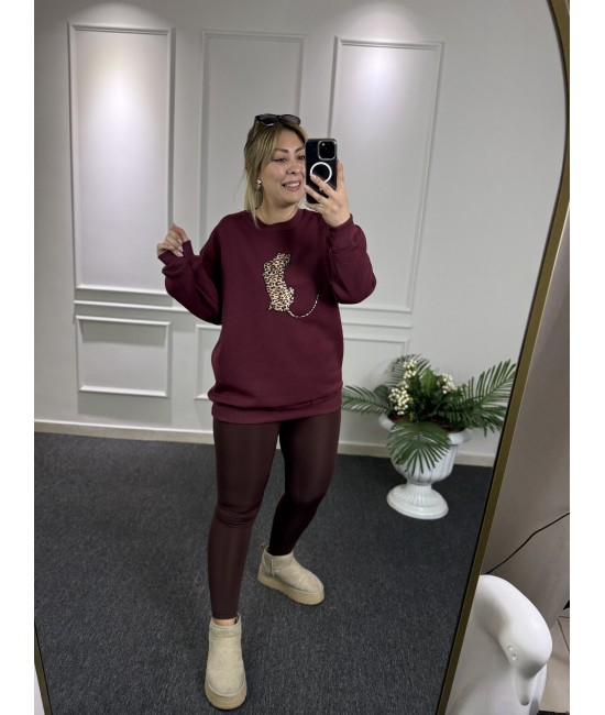 Leopar Detay Bordo Şardonlu Sweat Leopar Detay Bordo Şardonlu Sweat
