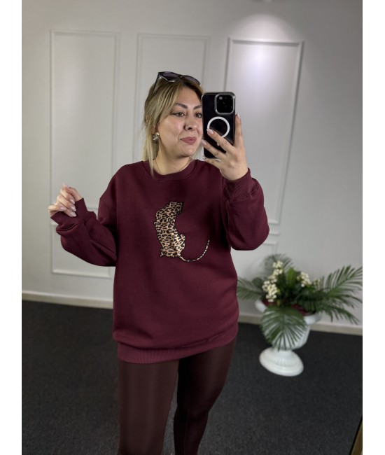 Leopar Detay Bordo Şardonlu Sweat Leopar Detay Bordo Şardonlu Sweat