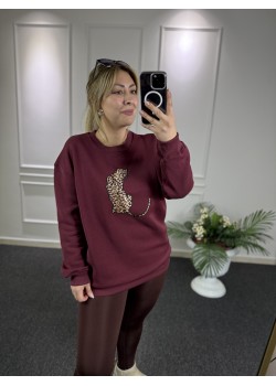 Leopar Detay Bordo Şardonlu Sweat