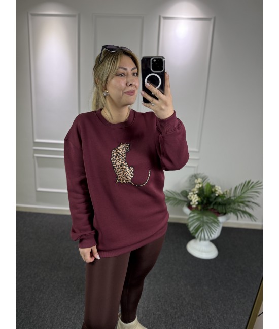 Leopar Detay Bordo Şardonlu Sweat Leopar Detay Bordo Şardonlu Sweat