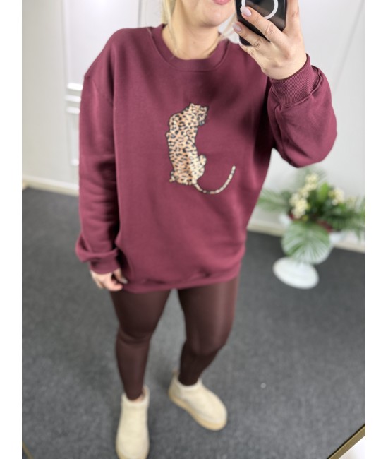 Leopar Detay Bordo Şardonlu Sweat Leopar Detay Bordo Şardonlu Sweat