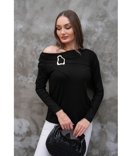 Siyah Modal Yaka Gold Toka Detaylı Bluz