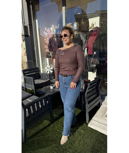 Kahverengi Modal Yaka Gold Toka Detaylı Bluz