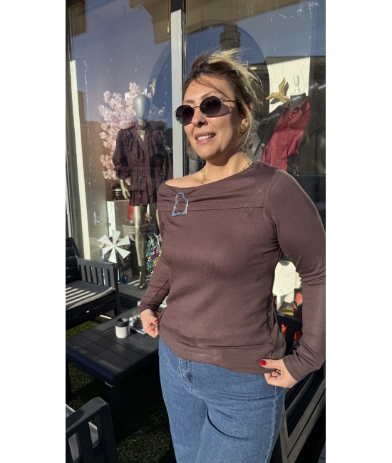 Kahverengi Modal Yaka Gold Toka Detaylı Bluz