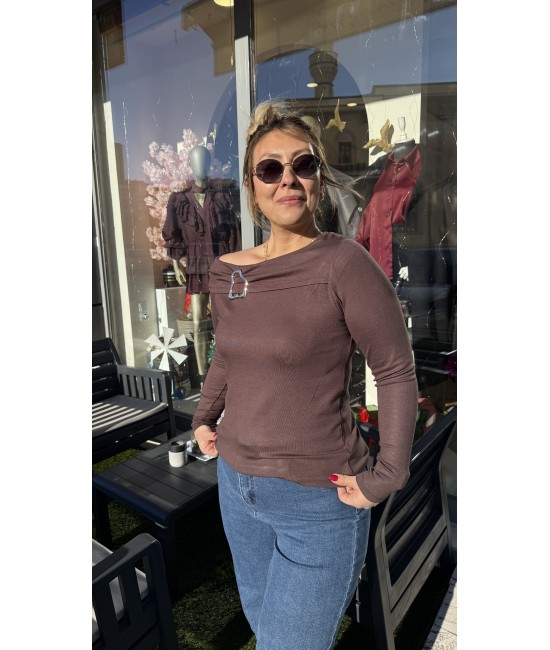 Kahverengi Modal Yaka Gold Toka Detaylı Bluz