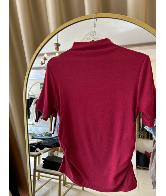 Dik Yaka Bordo Dirsek Kol Bluz