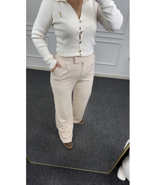 Krem Cırtlı Palazzo Pantolon