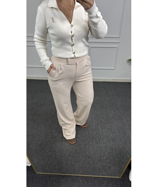 Krem Cırtlı Palazzo Pantolon