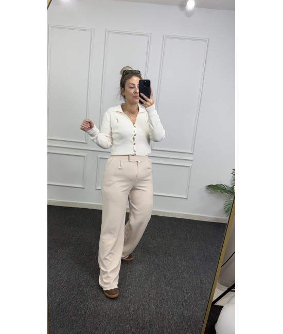 Krem Cırtlı Palazzo Pantolon