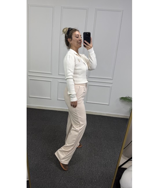 Krem Cırtlı Palazzo Pantolon