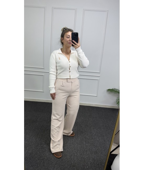 Krem Cırtlı Palazzo Pantolon
