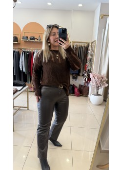 Mngo Kahve Deri Flare Pantolon