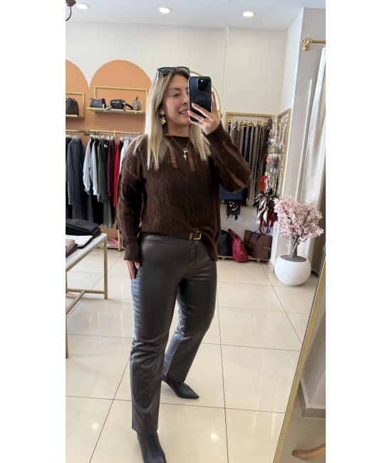 Mngo Kahve Deri Flare Pantolon