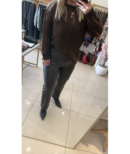 Mngo Kahve Deri Flare Pantolon