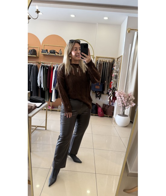 Mngo Kahve Deri Flare Pantolon