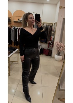 Mngo Siyah Deri Flare Pantolon