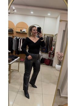 Mngo Siyah Deri Flare Pantolon