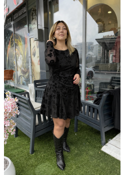 Velora Siyah Flok Desen Mini Elbise
