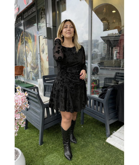 Velora Siyah Flok Desen Mini Elbise