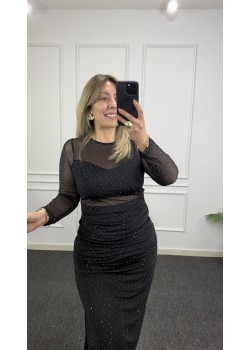 Taşlı Tül Kol Midi Elbise