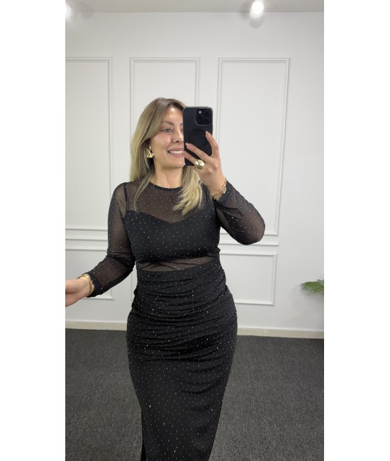 Taşlı Tül Kol Midi Elbise