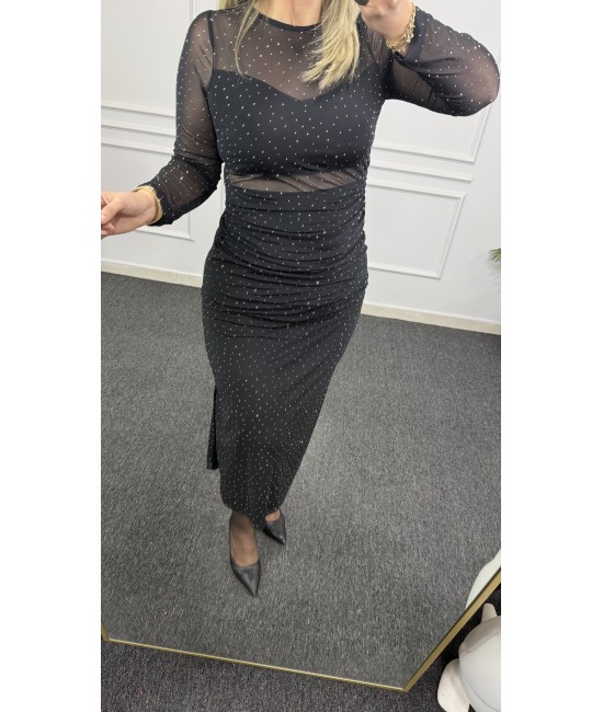 Taşlı Tül Kol Midi Elbise