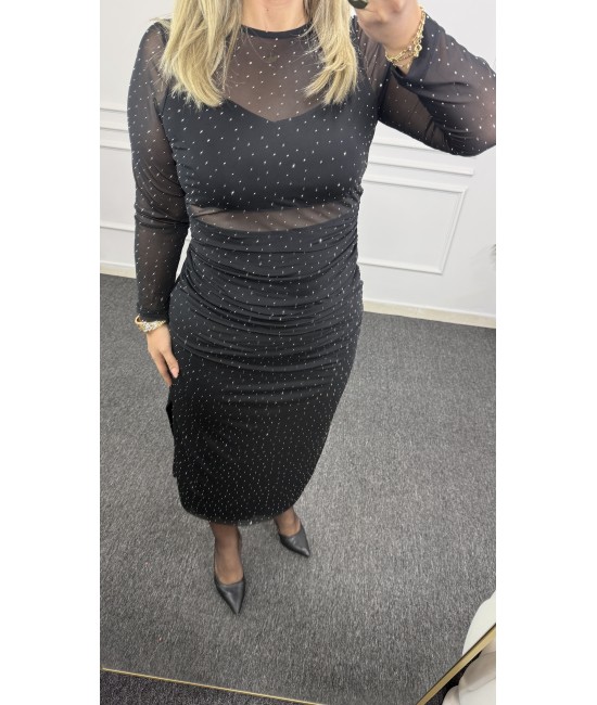 Taşlı Tül Kol Midi Elbise