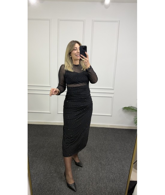 Taşlı Tül Kol Midi Elbise