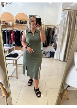 Haki Yarım Fermuar Yakalı Modal Elbise