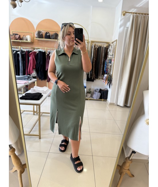 Haki Yarım Fermuar Yakalı Modal Elbise Haki Yarım Fermuar Yakalı Modal Elbise
