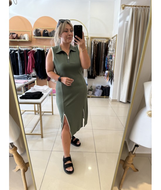 Haki Yarım Fermuar Yakalı Modal Elbise Haki Yarım Fermuar Yakalı Modal Elbise