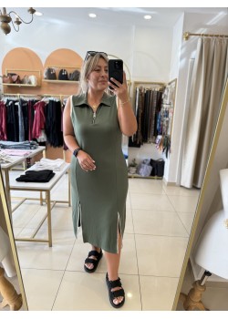 Haki Yarım Fermuar Yakalı Modal Elbise