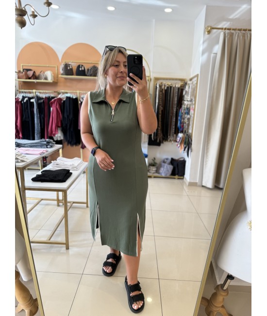 Haki Yarım Fermuar Yakalı Modal Elbise Haki Yarım Fermuar Yakalı Modal Elbise