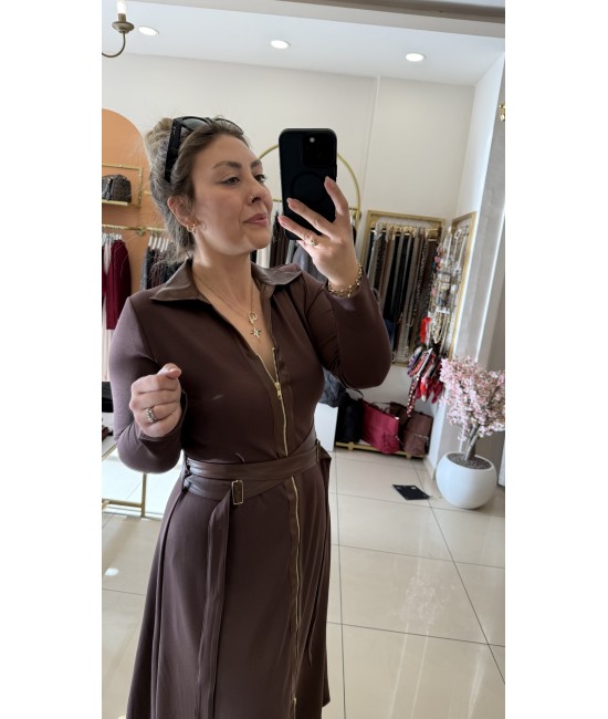 Tasarım Kahverengi Kemer Detaylı Uzun Elbise