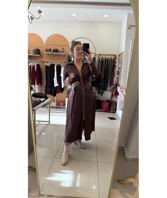 Tasarım Kahverengi Kemer Detaylı Uzun Elbise