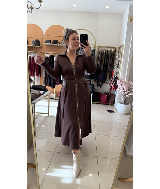 Tasarım Kahverengi Kemer Detaylı Uzun Elbise