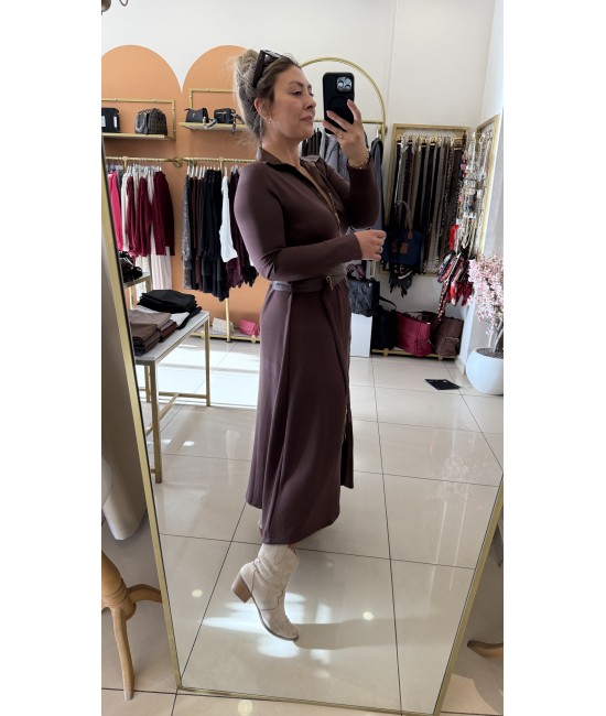 Tasarım Kahverengi Kemer Detaylı Uzun Elbise