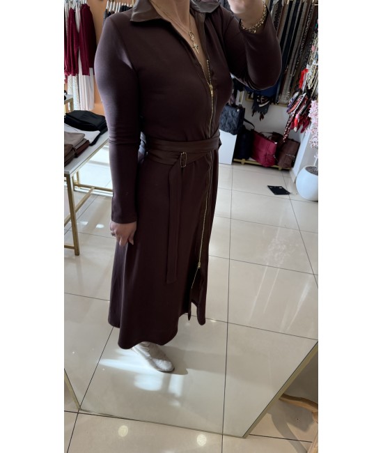 Tasarım Kahverengi Kemer Detaylı Uzun Elbise