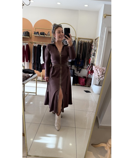 Tasarım Kahverengi Kemer Detaylı Uzun Elbise