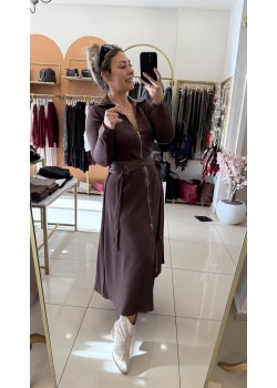 Tasarım Kahverengi Kemer Detaylı Uzun Elbise