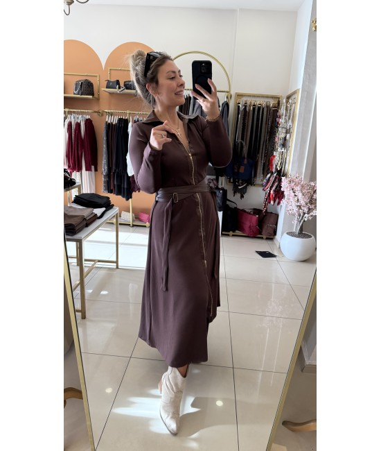 Tasarım Kahverengi Kemer Detaylı Uzun Elbise