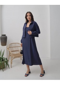 Lacivert Cupra Askılı Elbise & Gömlek Takım