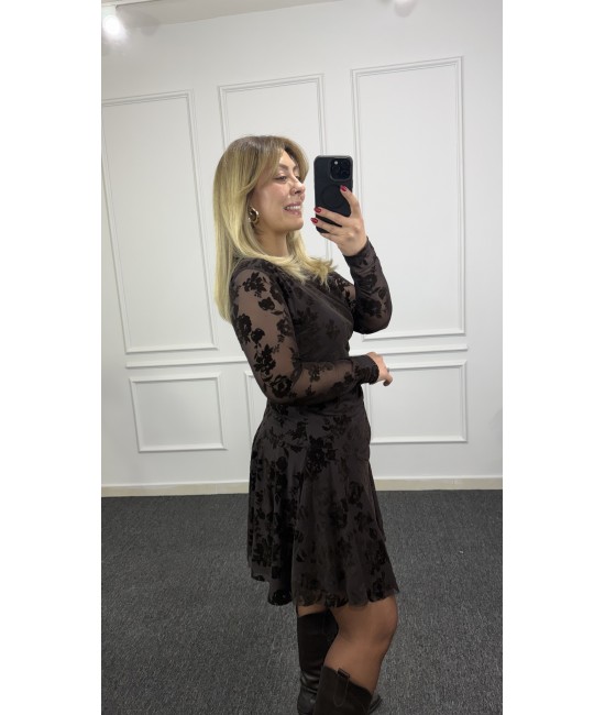 Velora Kahve Flok Desen Mini Elbise Velora Kahve Flok Desen Mini Elbise