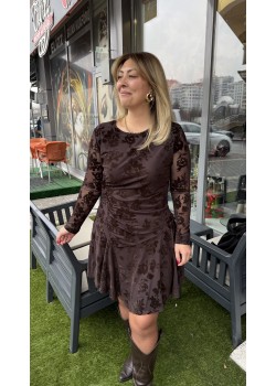 Velora Kahve Flok Desen Mini Elbise