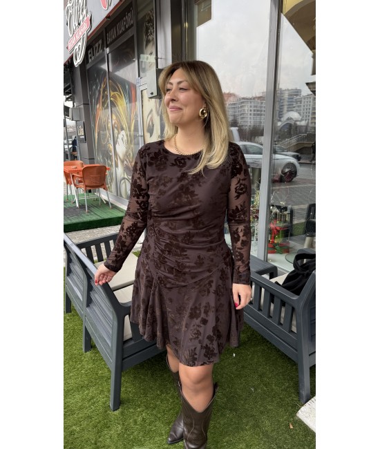 Velora Kahve Flok Desen Mini Elbise Velora Kahve Flok Desen Mini Elbise
