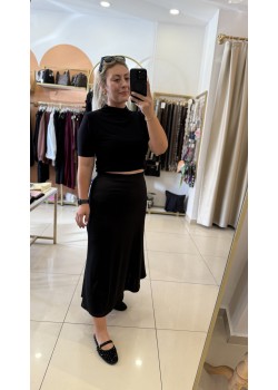 Likralı Siyah Saten Etek