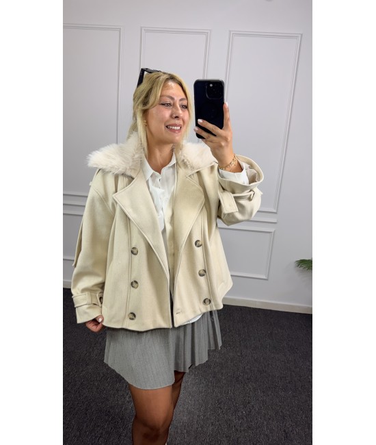 Premium Kürk Yaka Oversize Kaşe Ceket  Premium Kürk Yaka Oversize Kaşe Ceket